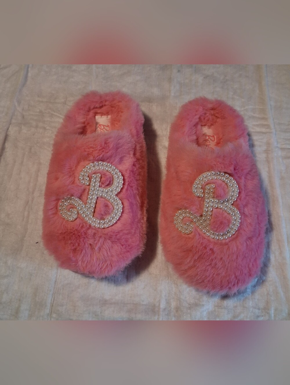 Pink Fuzzy Pearl-Embellished Slippers